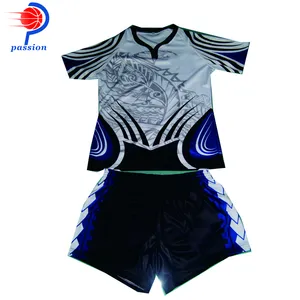 Moq 5 Sets Elk Blauw Zwart Wit Cool Design Rugby Teamwear Uniformen Met Aangepaste Borst Logo 'S