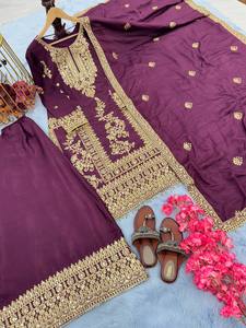 Embroidered Heavy Chinon Silk with embroidered Kurti With Palazzo and dupatta Set & <b>Materials</b> new designer heavy <b>embroidery</b> work - Product Image 6