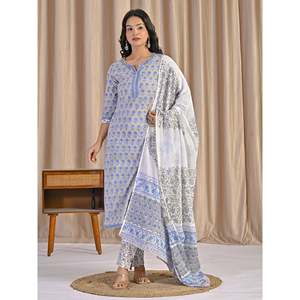 Hand Drawn Grey <b>Block</b> <b>Printing</b> Cotton Anarkali Kurta Pant Set Pakistani Style Indian Dress Net Lehenga Choli - Product Image 4