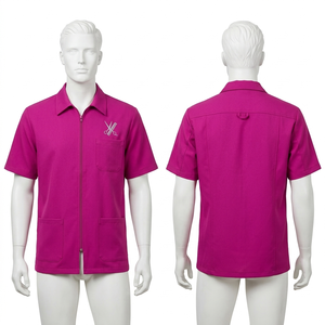 Chaqueta de Barbero Premium para Hombre, 180 GSM, Polialgodón, Rosa, Manga Corta, Cierre Frontal con Cremallera, Bordado Personalizado, Uniforme de Trabajo para Salón - Product Image 4