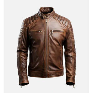 Men's Distressed Brown Genuine Leather Cafe <b>Racer</b> <b>Jacket</b>-Waterproof Zippered - Product Image 1