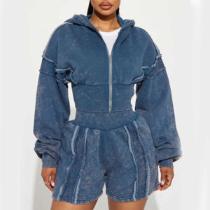 2025 Customizable Cropped Hoodie <b>Short</b> <b>Set</b> for Women Solid Color 2-in-1 Comfortable Crop <b>Top</b> <b>and</b> <b>Shorts</b> - Product Image 4