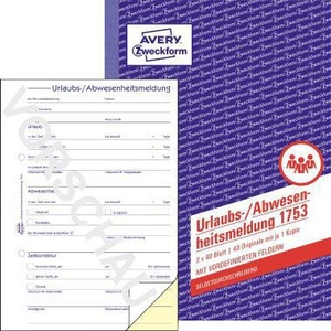 Avery Zweckform DIN A5 Formulario de Solicitud de Vacaciones Autocopiativo 2 x 40 Hojas 1 Copia - Product Image 1