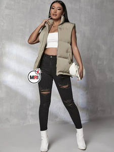 Women's Lightweight Cotton Puffer <b>Waistcoat</b> Breathable Canvas Winter Jacket with Stand Collar Button Decoration for Outer Wear - Product Image 3