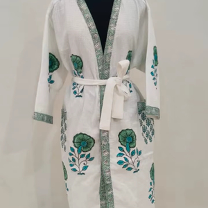 ชุดคลุมอาบน้ำผ้าวาฟเฟิลผ้าฝ้ายพิมพ์ลายดอกไม้สีขาวชุดเดรสแม็กซี่แบบลำลองฤดูใบไม้ผลิ - Product Image 1