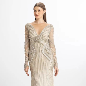 Robe de bal élégante de soirée florale Aline de luxe à manches longues brodée de paillettes perlées en forme de corps longue de haute qualité - Product Image 1
