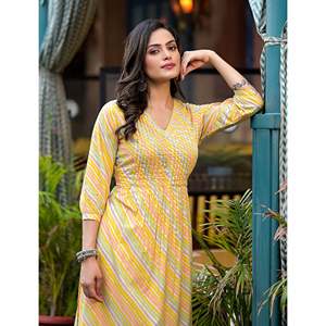 Kurti Recto Lehariya de Algodón Amarillo Hecho a Mano, Estilo Pakistaní, Vestido Indio con Salwar Lehenga, Salwar Kameez Estampado a Mano - Product Image 3