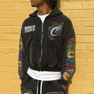 Sudadera con logotipo personalizado lavado ácido sol desteñido heavyweight Basics alta calidad térmica francés Terry Puff estampado completo con cremallera sudaderas con capucha - Product Image 4