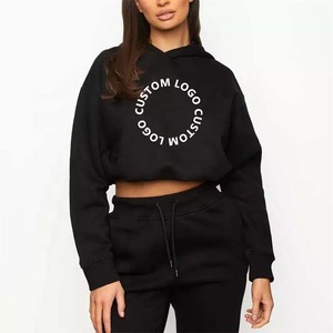 Chándal de invierno personalizado de alta calidad OEM para mujer, conjunto de 2 piezas, Top corto con capucha y pantalones de chándal, chándal en blanco para correr para mujer - Product Image 1