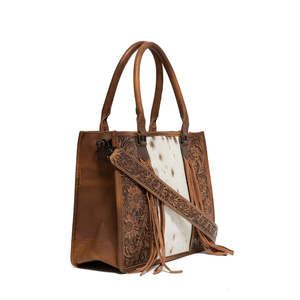 New Stylish Pattern Western Cowhide Leather Hand Tooled Floral Carved Fringe Tote Bag Whiskey Business <b>Laptop</b> Crossbody <b>Handbags</b> - Product Image 2