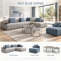 Ensemble de meubles modernes bleus et gris sur mesure pour toute la maison, canapé modulaire, table à manger, chaises et lit rembourré