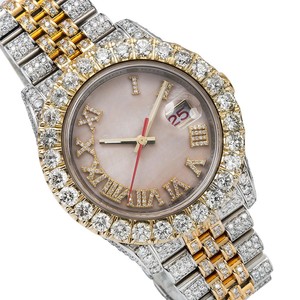 Luxurious Two Tone Moissanite Diamond Automatic Fashion Watch with 36mm Pink <b>Tint</b> Dial Roman Numerals and Full Diamond Setting - Product Image 1