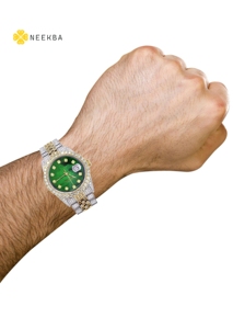 Reloj de moissanita con esfera de madreperla del proveedor indio, edición de color verde, reloj de moissanita manual con correa de acero de dos tonos - Product Image 6