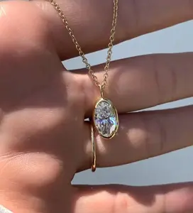 2.0 Ct Oval kesim moissanit kolye çerçeve seti Oval kesim beyaz elmas kolye tektaş 14k katı sarı altın zincir kolye VVS2