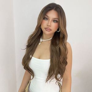 Mocca-DWY 136 <b>Long</b>-Length Wavy Brown Synthetic <b>Wig</b> with Light Brown Lace Free Part and Highlights <b>Long</b> Curly Style - Product Image 4