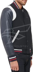 Veste universitaire à logo personnalisé pour hommes, col montant, manches en cuir, broderie, automne, noir, vestes de baseball Letterman pour hommes - Product Image 3