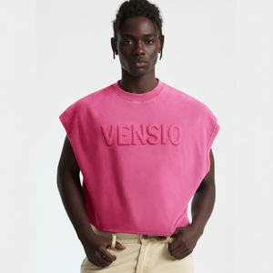 Débardeur à col rond et épaules larges personnalisé sans manches coupe ample en tissu de coton léger débardeur à logo imprimé pour hommes - Product Image 1