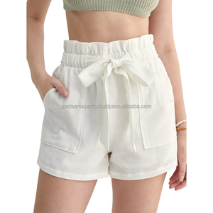 Short en lin bleu taille haute pour femme Tissu léger respirant avec ceinture à nouer réglable et poches latérales Motif chaud - Product Image 3