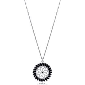 Diseño de flores, piedra Baguette negra, forma redonda, Theia colgante de plata, joyería de Ley 925 hecha a mano turca - Product Image 5