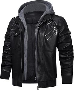 Chaqueta de motorista clásica para hombre, chaqueta de cuero negra acolchada con acabado elegante, Capucha ajustable, ligera, ajustada, negra - Product Image 4