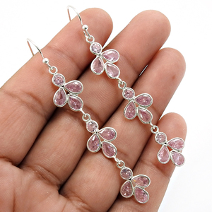 925 Sterling Silver Pink Cubic Zirconia Elegant Flower Long Dangle Bezel Set <b>Earring</b> Statement Design Dangle Jewelry for Women - Product Image 2