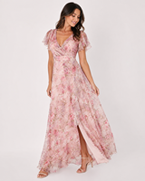 Robe maxi vintage romantique à manches bouffantes à fleurs, décolleté croisé, taille haute, silhouette moulante, écologique et respirante