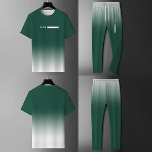 Men's Color Design Full-Print Solid Short Sleeve Extended Pants Two-Piece Set Casual Outdoor Sports Comfortable 100% Cotton - Product Image 4