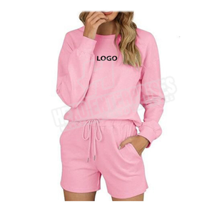 Vente en gros Ensemble de survêtement sans capuche pour femmes, sweat-shirt à col rond à manches longues avec short, vêtements de salon en polaire décontractés, vêtements de sport - Product Image 4