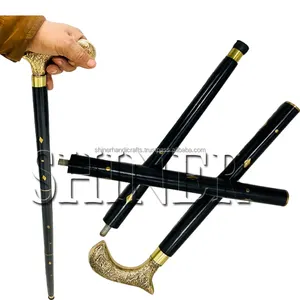 步行藤条黑色木制手杖黄铜手柄男女旋钮重型凉爽手杖黑色37英寸手杖礼品
