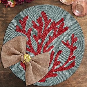 Antique Blue Teal Red <b>Beaded</b> <b>Placemats</b> With Coral Design for Wedding Christmas Decorations Family Gatherings Impressive Parties - Product Image 5