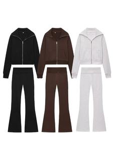 กางเกงขายาวเอวยางยืดมีซิปสำหรับผู้หญิง, ปกพับลงมีกระเป๋าสีพื้นระบายอากาศแขนยาวสำหรับฤดูหนาวฤดูใบไม้ร่วง - Product Image 2