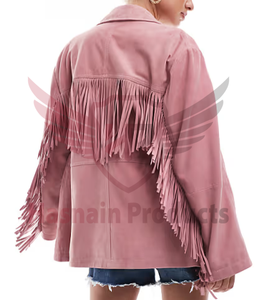 Veste à pompon en daim de qualité supérieure en rose pastel Femmes Élégant Blazer en daim véritable Manteau Gland Frange Décoration Cowboy Biker Veste - Product Image 3