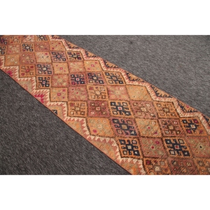 Tapis turc vintage en laine 2,5x10,3 pieds, design patchwork écologique, tapis Herki orange avec envers en latex - Product Image 4
