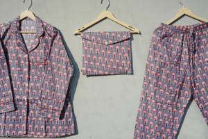 Midnight Blossom Cotton Pajama Set Sweet Style Blue & Pink Hand Block Print Sleepwear <b>Lace</b> Decorated 3 Piece Set Matching Pouch - Product Image 5