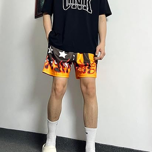 Pantalones cortos de baloncesto para hombre Flame Graphic: pantalones de correr de malla atlética de entrenamiento informal con estampado Star Flame-negro naranja - Product Image 3