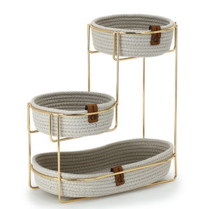 Plateau de service moderne à 3 niveaux en rotin naturel pour cuisine et salon, présentoir réutilisable et détachable pour desserts, fruits et collations - Product Image 1