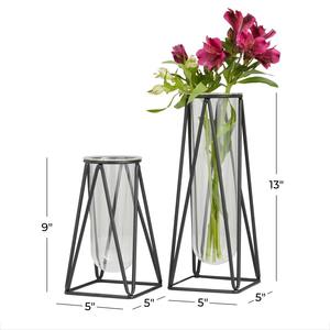 Vase à fleurs géométrique noir élégant avec récipient en verre pour étagère de salon et présentation de centre de table, vente en gros en provenance d'Inde - Product Image 3