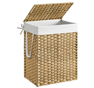 Cesta de ratán de plástico PP redonda tejida a mano Natural de alta calidad con tapa y forro para organización de almacenamiento doméstico - Product Image 1