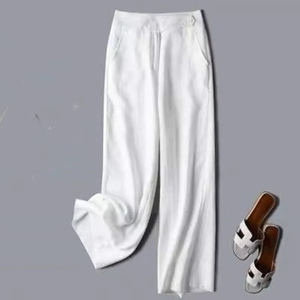 Pantalon large en coton et lin de couleur unie pour femmes taille élastique loisirs pantalons en lin coupe ample pantalon à jambe droite - Product Image 1
