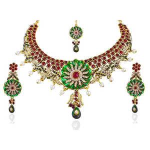 Ensemble de bijoux fins Vivaah Collier Meenakari plaqué or et Maang Tikka - Product Image 1