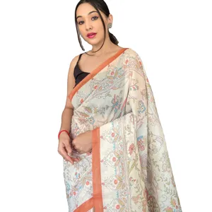 Puro Malai Cote con Katha imprime todo sari con Katha estampado pallu y contraste borde y blusa estampada Sari