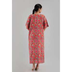 Caftan rose à imprimé floral en pur coton Maxi ethnique Dress-SHKUP1249-Free taille au-dessus du genou - Product Image 6