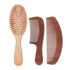 Natural Wood Hair Brush with <b>Wooden</b> Bristles Massage Scalp <b>Comb</b> and Peach Wood Beard <b>Comb</b> for Men and Women 3 Pcs - Product Image 1