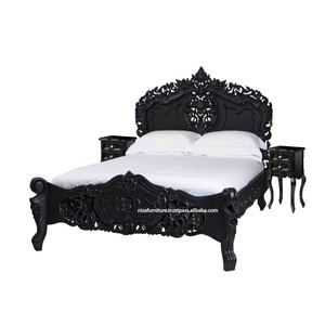 Cama Queen Size de Madera de Caoba Maciza de Estilo Rococó Francés, Marco de Cama Negro, Tallado a Mano Artístico, Muebles de Dormitorio Ecológicos, Estilo Antiguo - Product Image 5