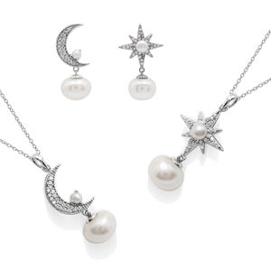 Pearl Stone Jewelry Moon-Star Set 925 Sterling Silver Minimalist Earrings Link Chain Necklace & Ring Fashion <b>Accessories</b> Sets - Product Image 1