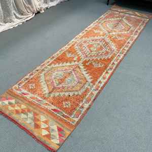 พรมวินเทจตุรกี, พรมแบบ Runner ขนาด 2.7x10 ฟุต (82x304 ซม.), พรมขนสัตว์สีส้มลายอิคัต - Product Image 4