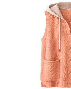 Manufacturer Peach Hooded Knitted Sweater Vest <b>Women</b> Wool Acrylic Button Front Sleeveless Winter <b>Cardigan</b> <b>With</b> <b>Pockets</b> OEM - Product Image 3
