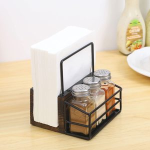Caddy de mesa, servilletero de madera marrón y alambre de metal negro con 3 condimentos de vidrio/Salero y pimentero - Product Image 4