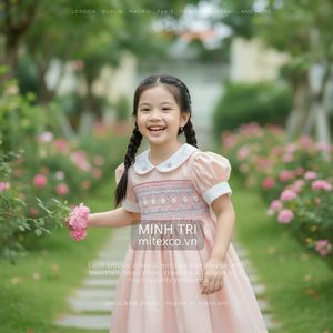 MINH TRI Girls Smocked Dress <b>Pink</b> Peter <b>Pan</b> Collar Puff Sleeve Embroidered Floral A-Line Knee-Length Cotton Sweet Style - Product Image 3