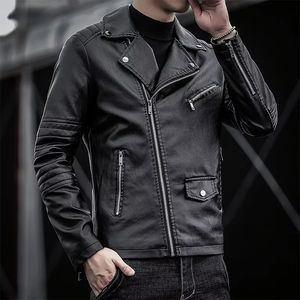 New Arrival Best Selling Casual Style Men's Biker Leather <b>Jacket</b> <b>Slim</b> <b>Fit</b> Korean Version Winter Season Windproof Patchwork Front - Product Image 3